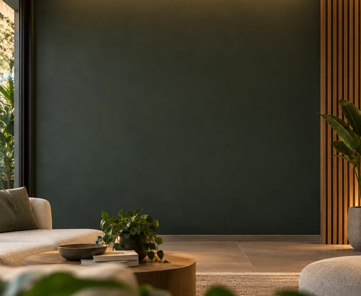 Ambiente contemporâneo com parede escura, iluminação quente e vegetação.