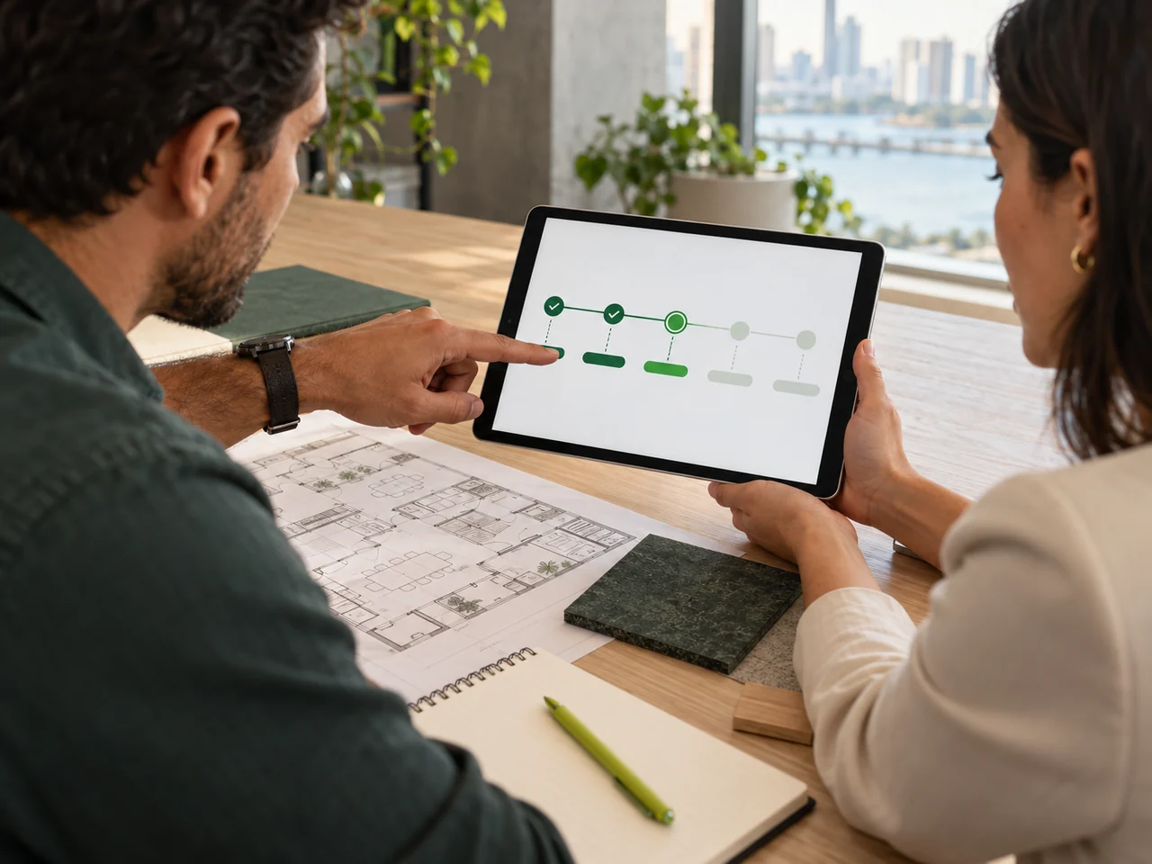 Cena conceitual de duas pessoas acompanhando as etapas de um projeto em um tablet, com a planta do espaço sobre a mesa.
